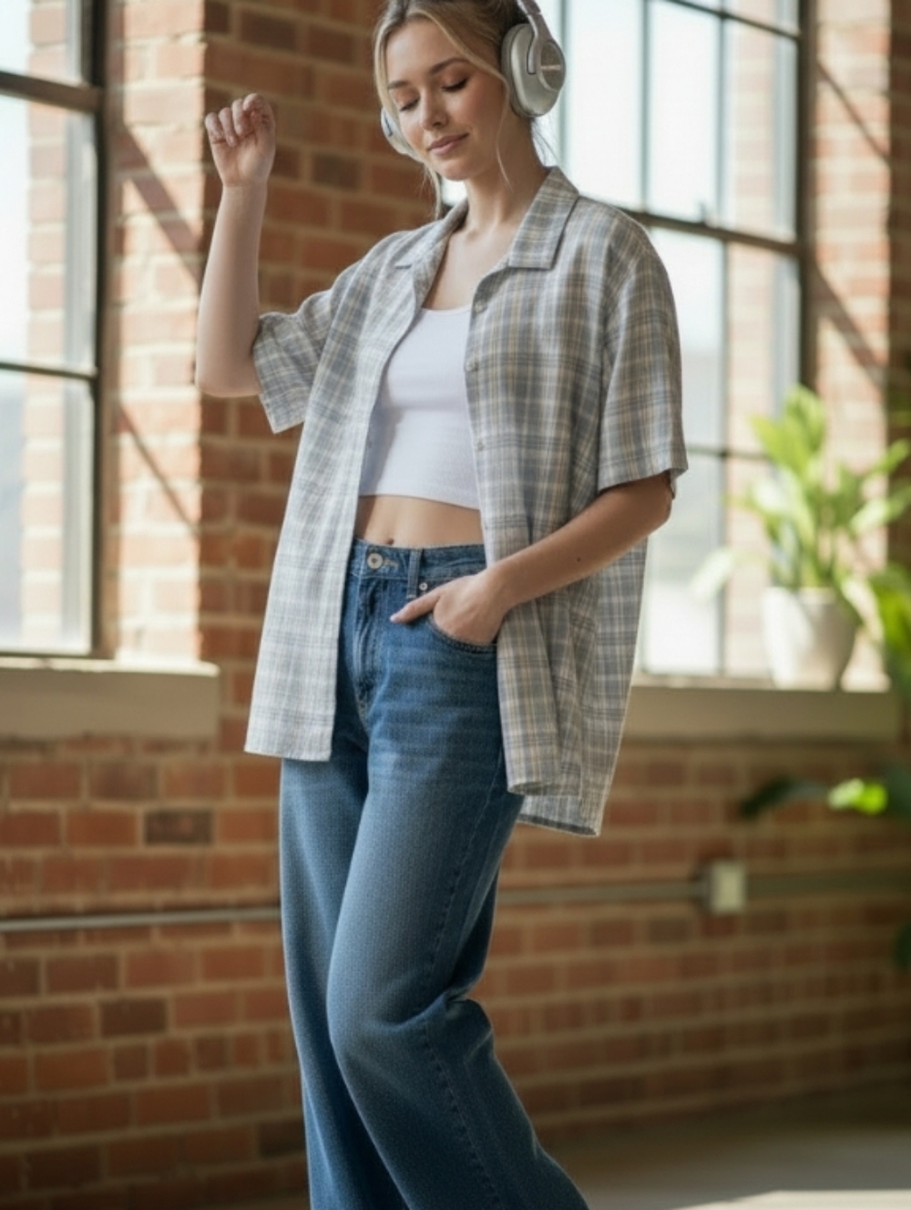 Vintage Nada Valley Ice Blue tone plaid Button Up Top